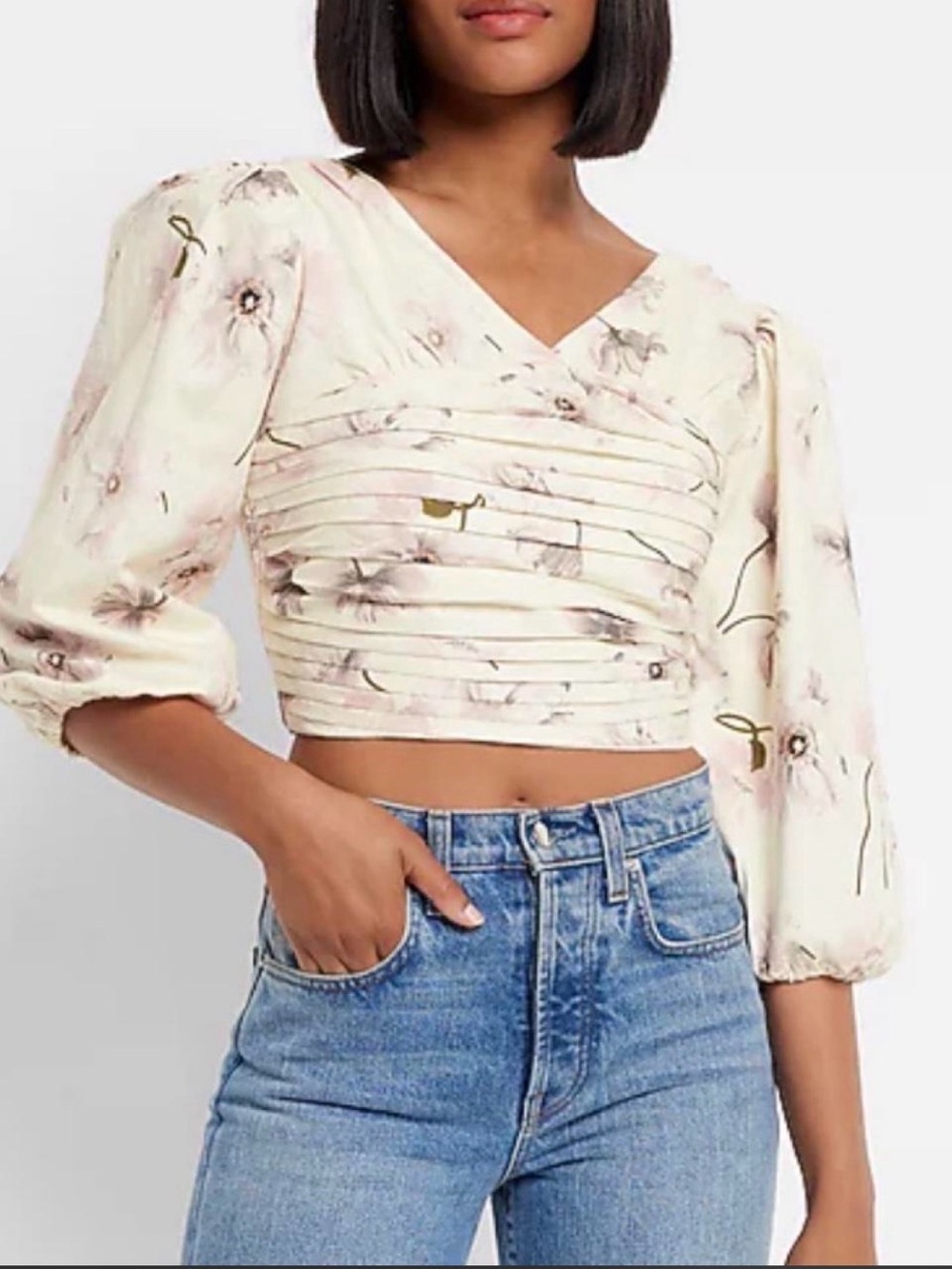 Express Poppies Print Linen-Blend Ruched Cropped Top Size XS